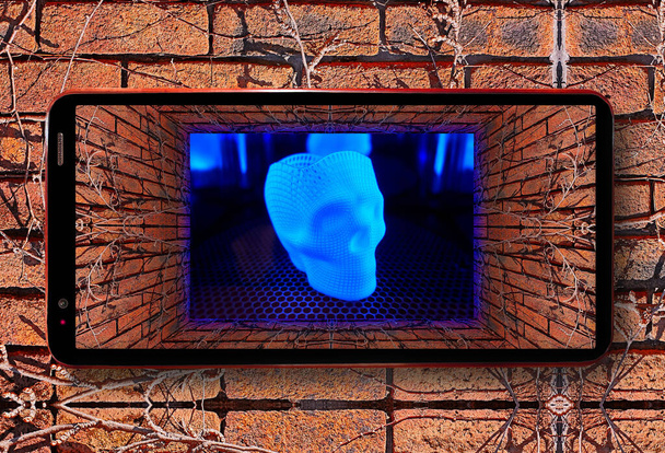 Мобильный телефон 3D вид старого туннеля с кирпичной стеной, сухой плющ и напечатанный светящийся череп в зеркальной закрытой камере
 - Фото, изображение