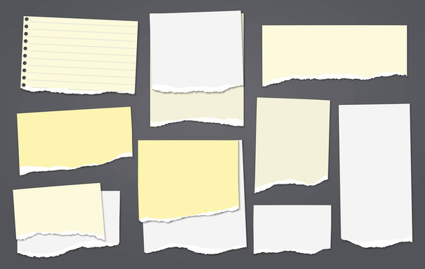 Ensemble de notes blanches et jaunes déchirées, de bandes de papier pour carnet et de morceaux collés sur fond noir. Illustration vectorielle
 - Vecteur, image