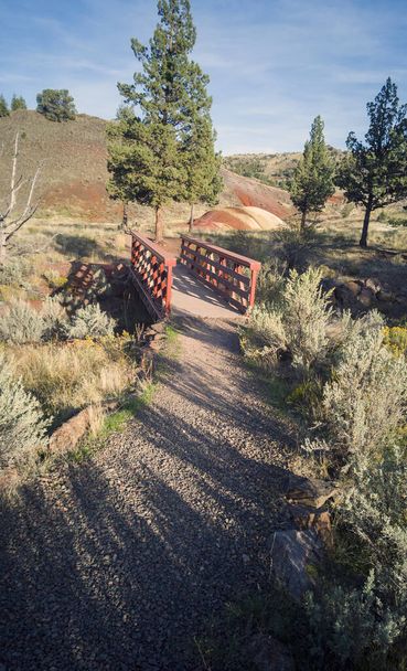 公園の背景にある赤い手すりと赤と黄色のマウンドのある橋は、ミッチェル・オレゴン州のレッド・ヒル・トレイルのジョン・デイ化石ベッドと呼ばれています。 - 写真・画像