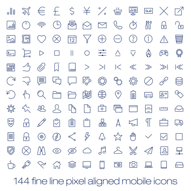 144 cutting edge modern icons for mobile interface. Fine line pixel aligned mobile ui icons with variable line width. - Vector, Image