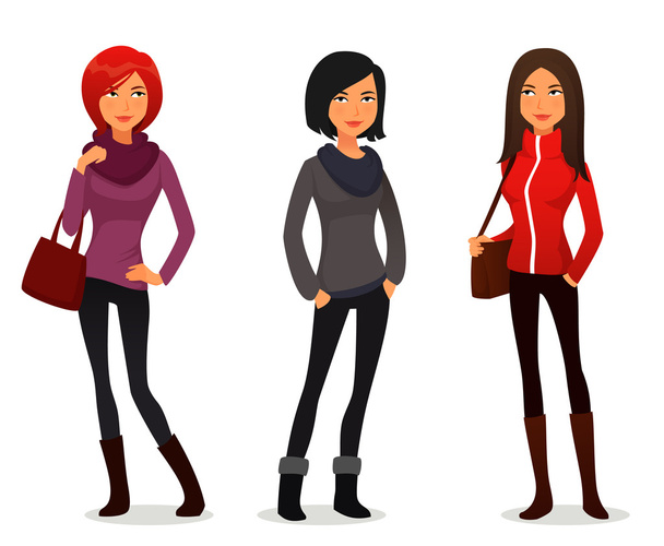 Quirky cartoon girls in colorful autumn clothes - Vector, Image