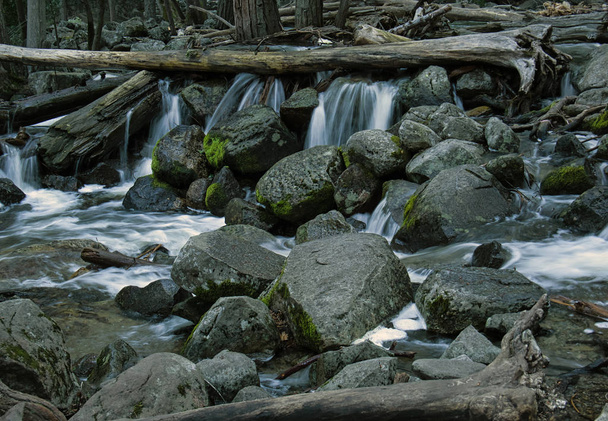 Pequenas cascatas no riacho entre pedregulhos e troncos de árvores
 - Foto, Imagem