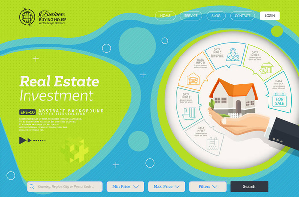 Ландшафтная страница - стиль дизайна концепции маркетинга недвижимости. Векторный шаблон веб-страницы. Иллюстрация
. - Вектор,изображение