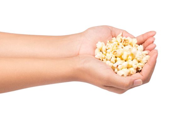 hand holding Pop corn isolated on white background. - Photo, Image