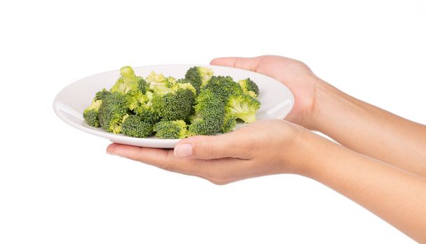 hand holding dish of Broccoli isolated on white background - Fotó, kép