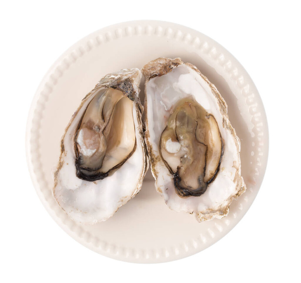 half of Fresh oyster on a dish isolated on white background - Fotó, kép
