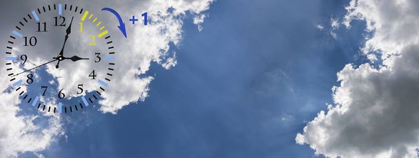Переход на летнее время (DST). Голубое небо с белыми облаками и часами. Turn time forward (+ 1h
). - Фото, изображение