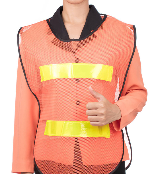 mulher engenheiro civil em camisa laranja mostrando polegar para cima isolado no fundo branco
 - Foto, Imagem