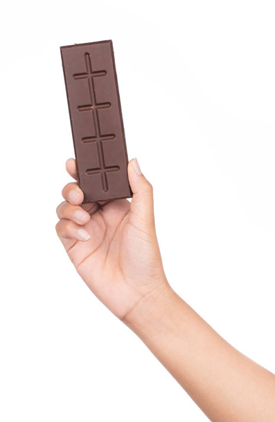 mano sosteniendo barras de chocolate aisladas sobre fondo blanco
 - Foto, Imagen