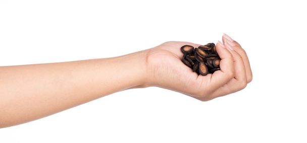 hand holding Dry Black Melon Seeds isolated on white background - Foto, immagini