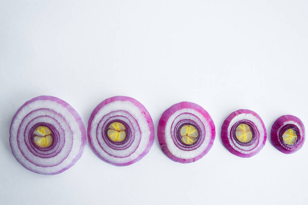 Round slices of red onion isolated on a white background, top view. from large to smaller. space for text - Fotó, kép