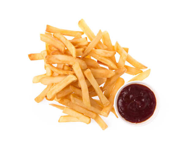 Sült krumpli ketchuppal, fehér alapon izolálva - Fotó, kép