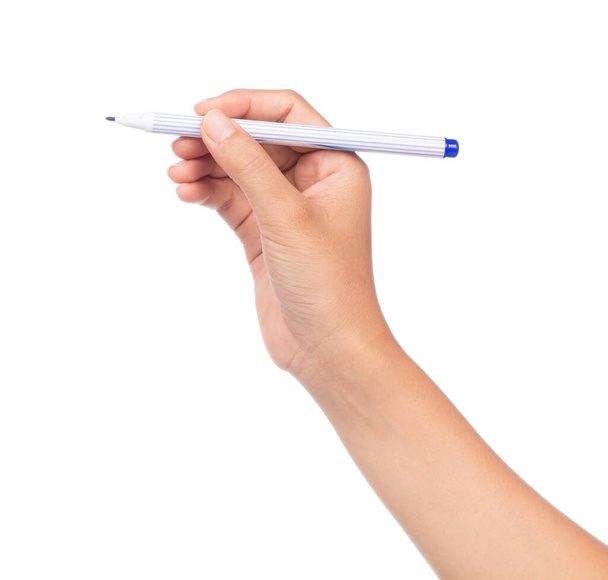 mano sosteniendo Blue Magic Pen aislado sobre fondo blanco
. - Foto, Imagen