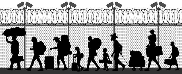 Emberek átvándorlása a határon a kerítéshez közel kamerákkal. Zökkenőmentes sziluett vektor illusztráció - Vektor, kép
