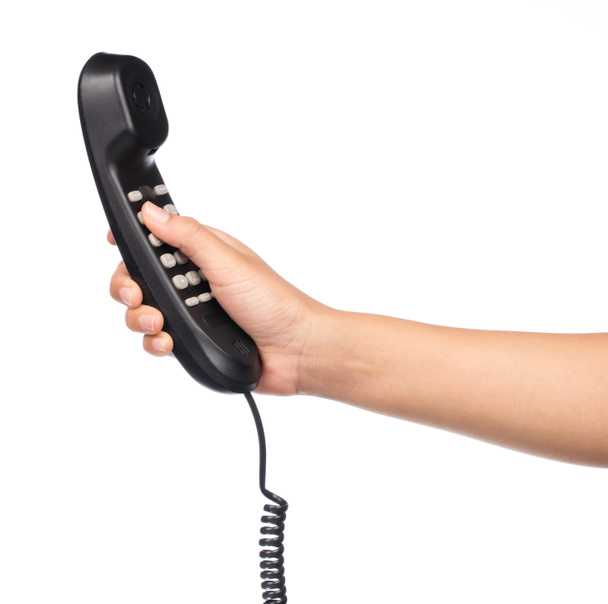 χέρι πληκτρολογώντας αριθμό στο τηλέφωνο απομονώνονται σε λευκό φόντο - Φωτογραφία, εικόνα