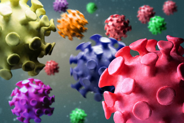 Моделирование глиняных моделей коронавирусов или других разноцветных вирусов, летящих в космосе и распространяющих опасные заболевания
 - Фото, изображение
