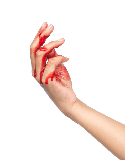 A bloody hand is smearing red isolated On White Background - Foto, immagini