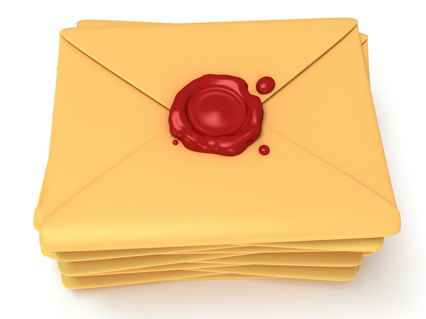 Pile of blank mail envelope with red wax seal - Φωτογραφία, εικόνα