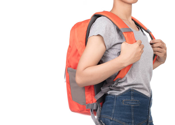 woman wearing blank gray t-shirt, jeans and backpack isolated from white background. - Fotoğraf, Görsel