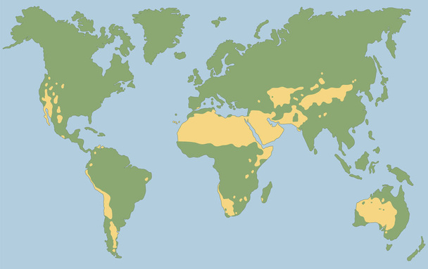 Mundos maiores desertos como o Saara, Gobi, Kalahari, Arabian, Patagonian e Great Basin Desert. Mapa global com clima deserto amarelo. Ilustração vetorial
. - Vetor, Imagem