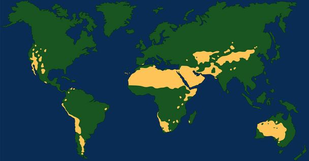 Desert ilmasto maailman kartta suurimmista aavikot kuten Saharan, Gobi, Kalahari, Arabian, Patagonian ja Great Basin Desert. Kaavio keltainen kuivuus alueilla. Vektoriesimerkki
. - Vektori, kuva