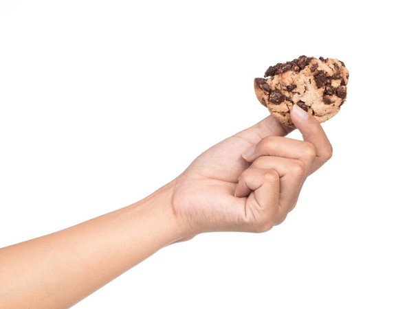 hand holding cookies Chocolate biscuits  isolated on white background - Photo, Image