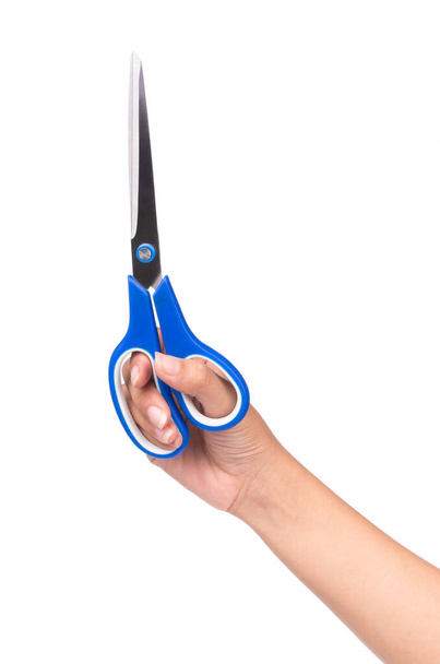hand holding blue scissors isolated on white background - Photo, Image
