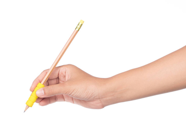 mano sosteniendo madera de lápiz aislado sobre fondo blanco
. - Foto, Imagen