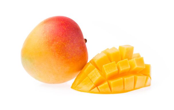 Delicious ripe mango fruit with slice mango isolated on white background - Photo, Image