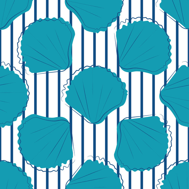 Sea shells striped seamless vector pattern. Hand drawn grunge line art. Minimal mollusc repeat beach backdrop. Aquatic illustration all over print for hot summer seaside concept. - Vector, Image