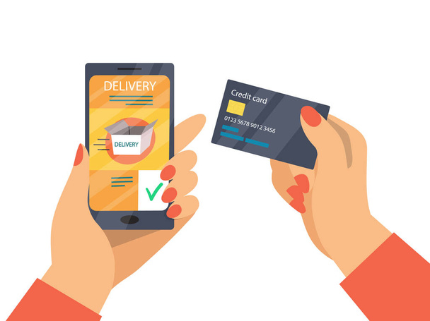 Online-Bezahlung und Mobile Banking-Konzept. Online-Zahlungsvorgang für Lieferservice per Kreditkarte. Hand mit Handy, Anwendung, Kreditkarte. Cartoon Flat Vector Illustration - Vektor, Bild