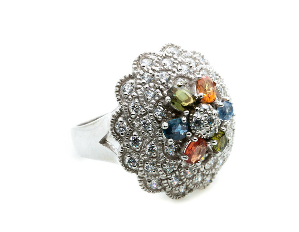 Ring with differet color gemstone on whit background - Foto, afbeelding