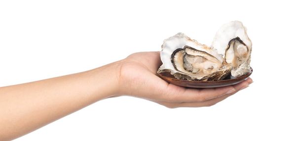 hand holding Fresh oyster with slice lemon on dish isolated on white background - Photo, Image