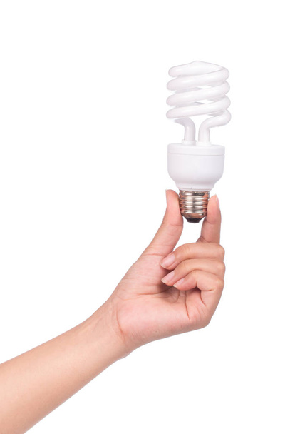 hand holding Illuminated light bulb isolated on white background - Φωτογραφία, εικόνα