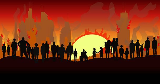 Destroyed city concept landscape background illustration, buildings between the ruins and concrete, war destruction panorama with silhouette people.Vector illustration - Vector, Image