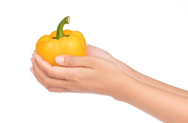 hand holding yellow Bell Pepper isolated on white background - Fotoğraf, Görsel