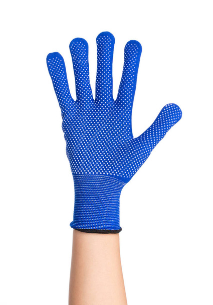 mão usando luvas azuis isoladas no fundo branco
 - Foto, Imagem
