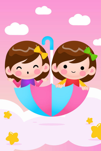 漫画の双子の女の子が空飛ぶ傘ベクトルイラスト乗馬 - ベクター画像