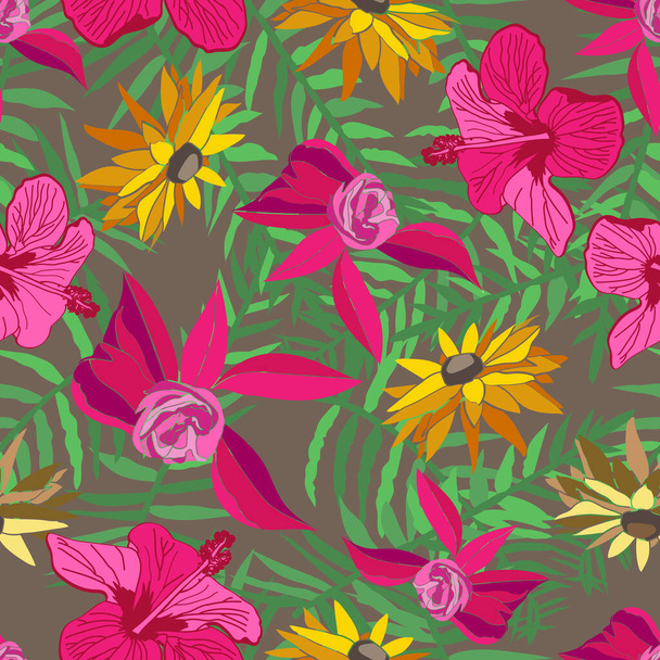 花サルサ-花はピンク、オレンジ、黄色、緑、茶色のシームレスな繰り返しパターンを咲かせます。花の表面パターンデザイン,生地に最適です,スクラップブック,壁紙. - ベクター画像