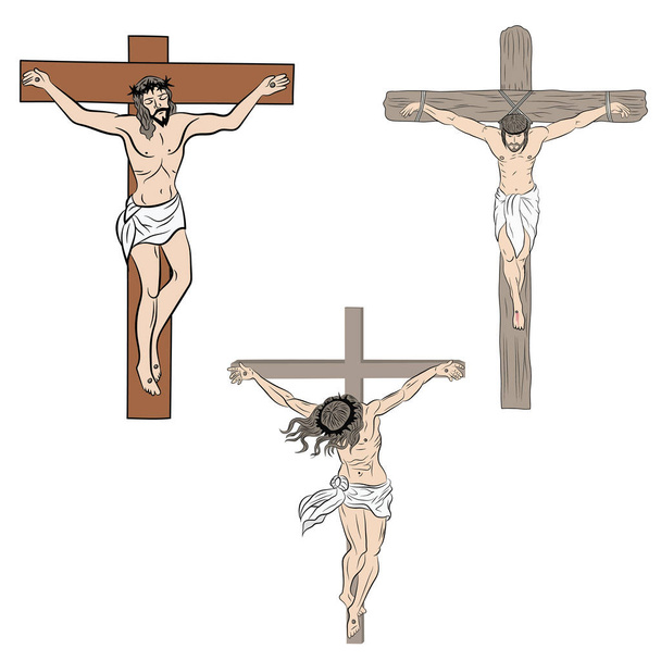十字架の上でイエスのセット。黒と白と色のイラスト。十字架の上でのイエスの十字架のはりつけは、白い背景で孤立しています。ベクターイラスト - ベクター画像