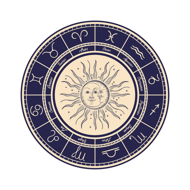 Horoszkóp kör. Asztrológiai zodiákus jelek, körbe rendezve. - Vektor, kép
