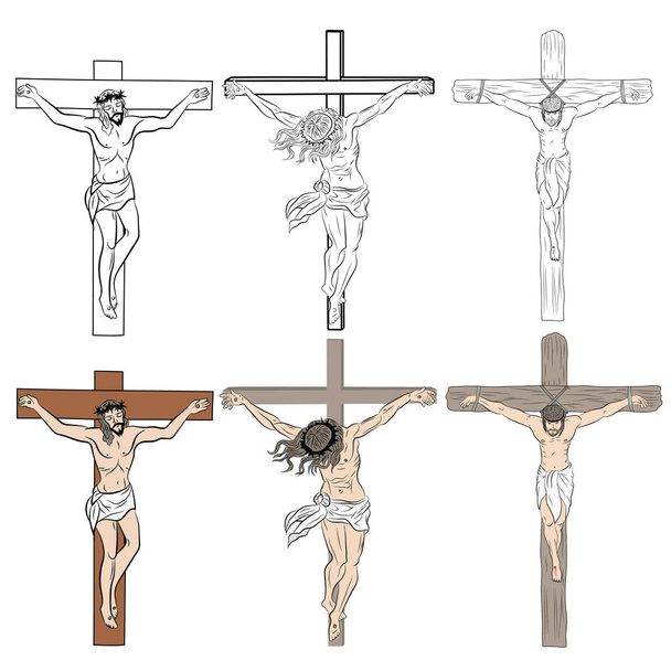 Conjunto de Jesús en la cruz. Ilustración en blanco y negro y a color. Crucifixión de Jesús en la cruz aislada sobre un fondo blanco. Ilustración vectorial
 - Vector, imagen