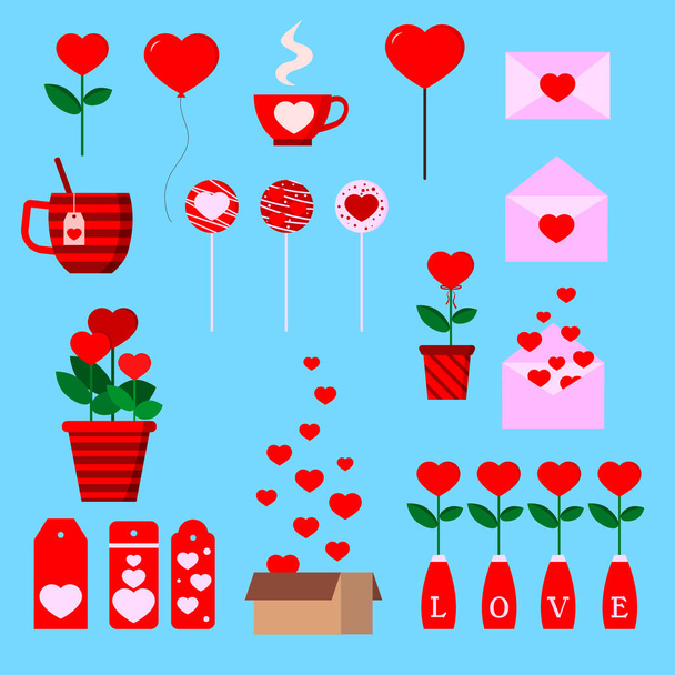 Set of isolated romantic icons with hearts box, letter, flower pot, cup, lollipopes, ballon, labels in cartoon flat style. Vector illustration. - Vetor, Imagem