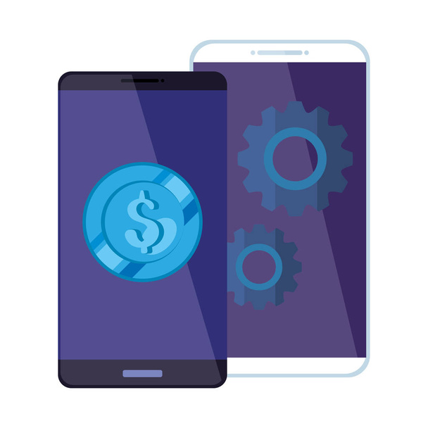smartphones with coin and gears isolated icon - Vector, Image