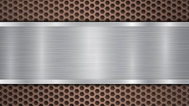 Background of bronze perforated metallic surface with holes and horizontal silver polished plate with a metal texture, glares and shiny edges - Vector, Image