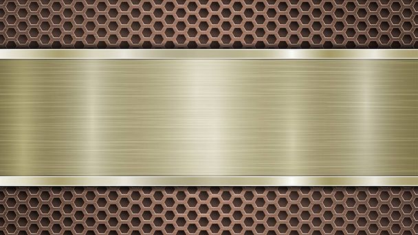 Hintergrund aus Bronze perforierte metallische Oberfläche mit Löchern und horizontale goldpolierte Platte mit einer Metallstruktur, grelle und glänzende Kanten - Vektor, Bild