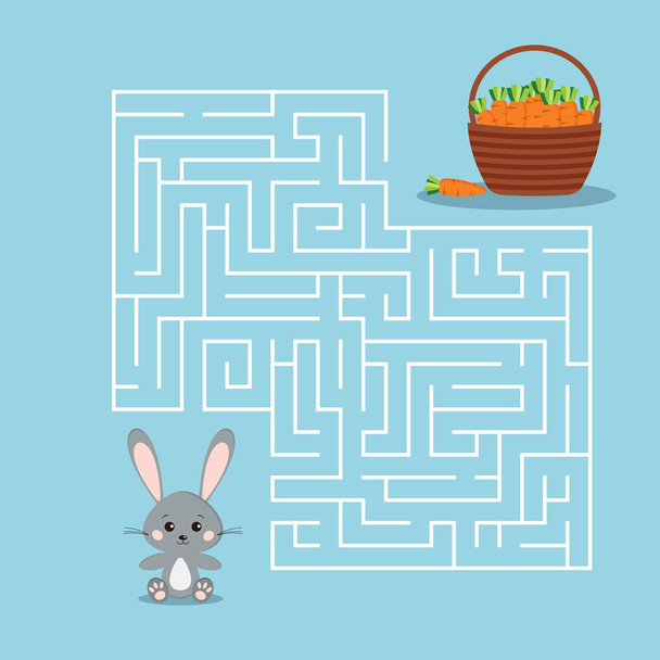 Maze game for the children with a labyrinth on blue background. Cartoon grey rabbit and basket of carrot. Rabbit finding basket of carrots. - Vektor, obrázek