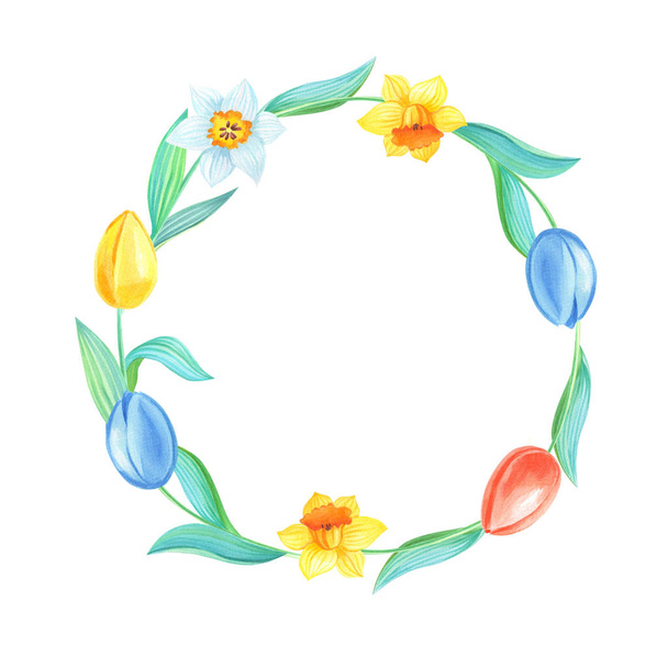 Spring Wreath.Watercolor illustration with colorful tulips,daffodils on a white background.Watercolour bouquet - Фото, изображение
