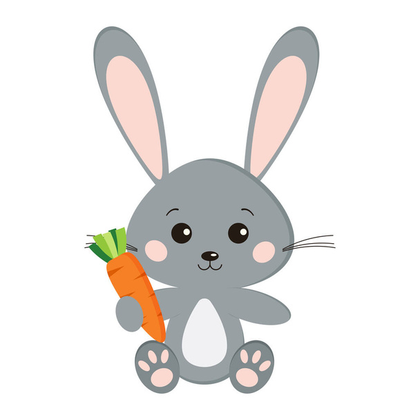 Obrázek sladký roztomilý šedý králík v sedící póze s mrkví v tlapě izolované na bílém pozadí v karikaturním stylu. Vektorový plochý design charakterizuje ilustraci. - Vektor, obrázek