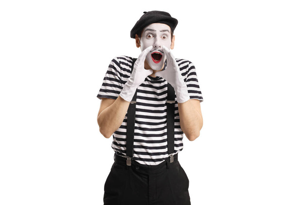 Pantomime man shouting isolated on blue background - Photo, image